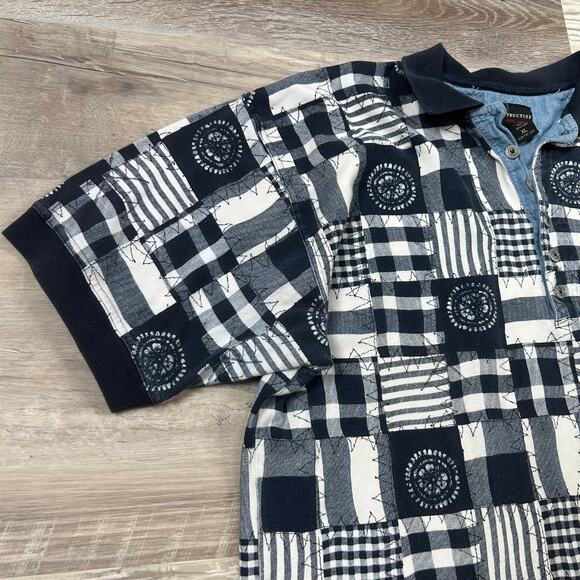 Vintage Structure Patchwork Polo Shirt Blue White 90s Made in Hong Kong XL - Picture 2 of 5